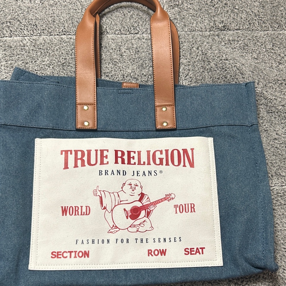 True Religion Blue and Tan Tote Bag